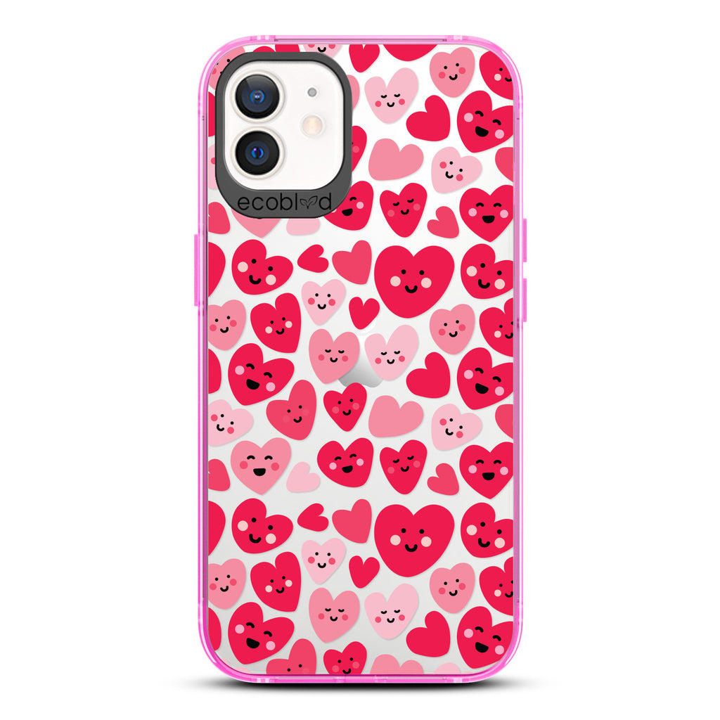 Love Collection - Pink Compostable iPhone 12 / 12 Pro Case - Pink & Red Smiling Cartoon Hearts On A Clear Back