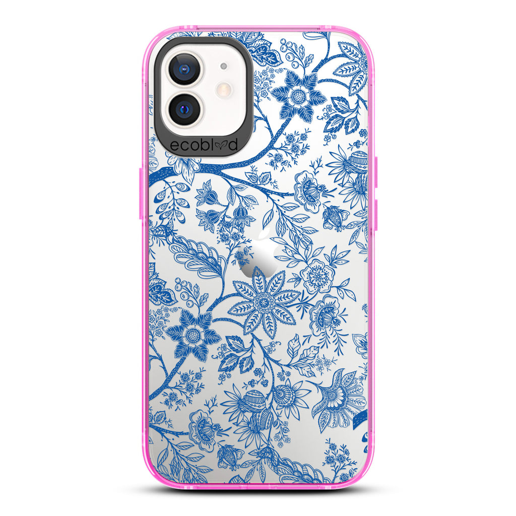 Timeless Collection - Pink Laguna Compostable iPhone 12 / 12 Pro Case With Toile De Jouy Floral Pattern On A Clear Back