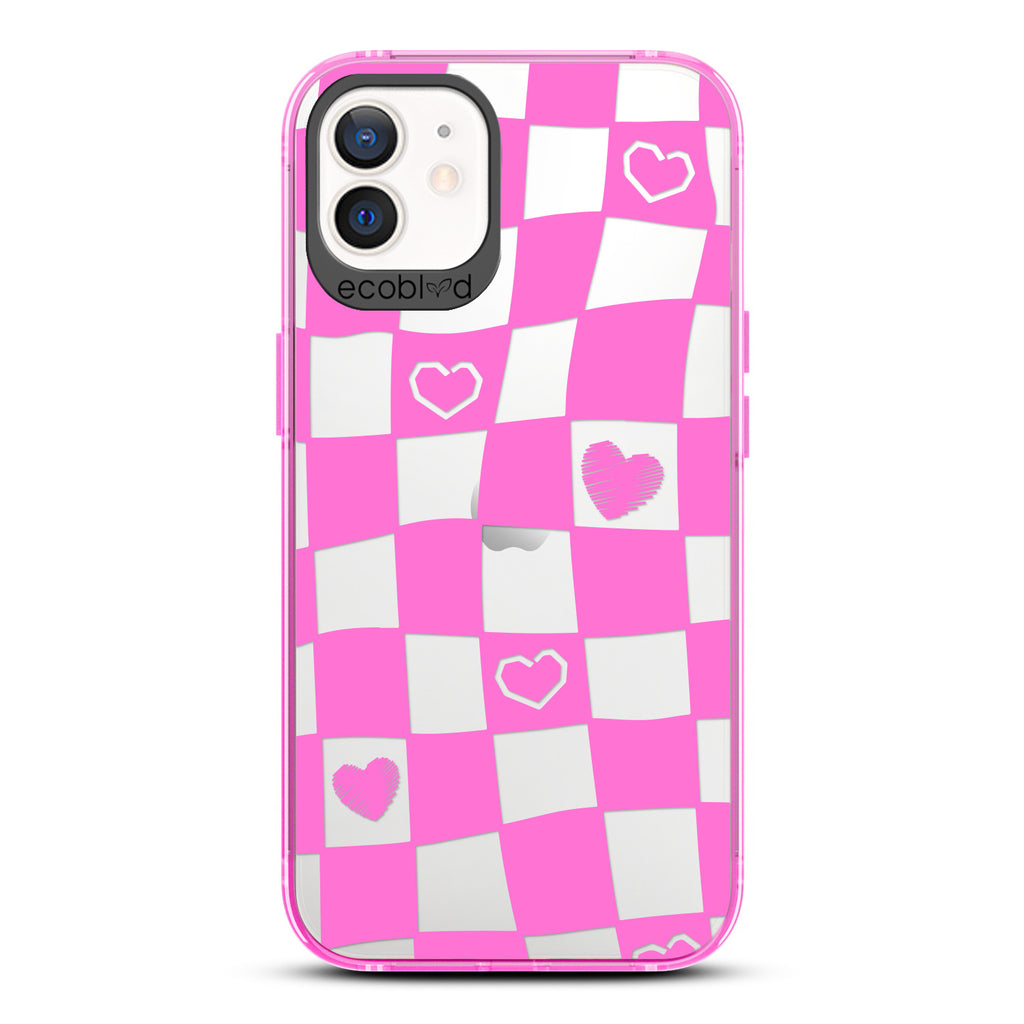 Love Collection - Pink Compostable iPhone 12/12 Pro Case - Wavy Checkered Print & Scribbled Hearts On A Clear Back
