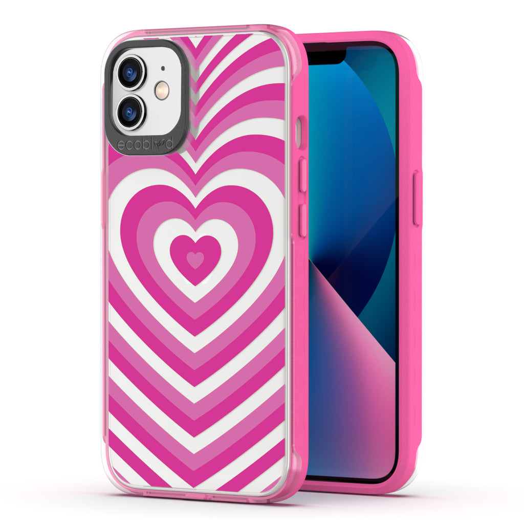Back View Of Pink Eco-Friendly iPhone 12 / 12 Pro Clear Case With The Tunnel Of Love Design & Front View Of Screen