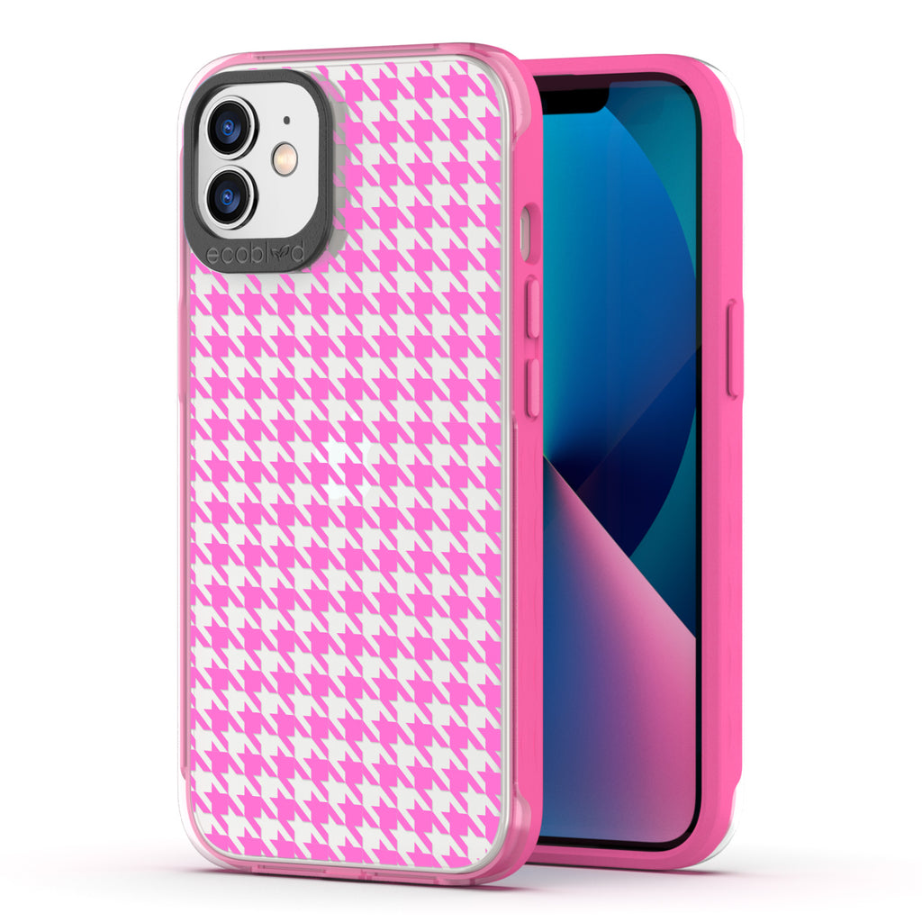 Back View Of Pink Eco-Friendly iPhone 12 / 12 Pro Timeless Laguna Case With Houndstooth Design & Front View Of The Screen