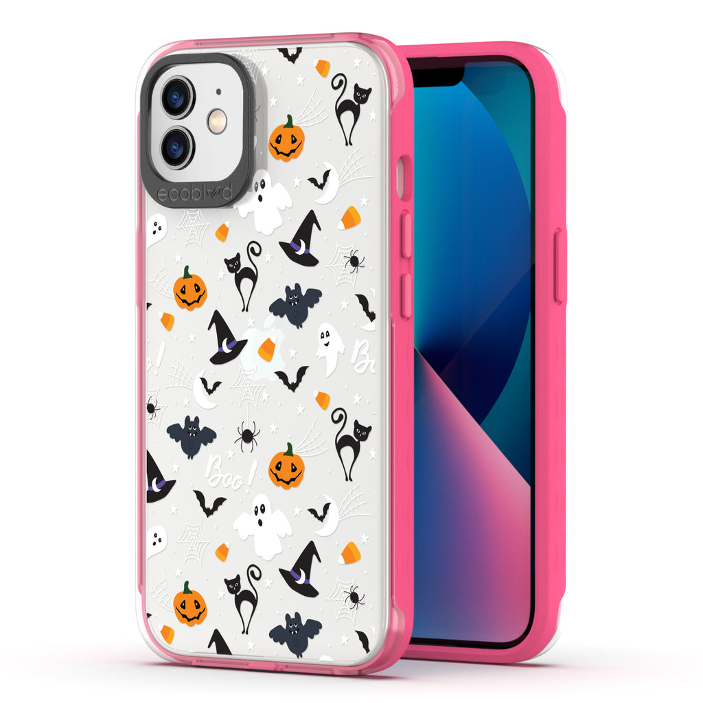 Back View Of Pink Laguna Halloween iPhone 12 / 12 Pro Case With The Trick R' Treat Ya Self Design & Front View Of The Screen