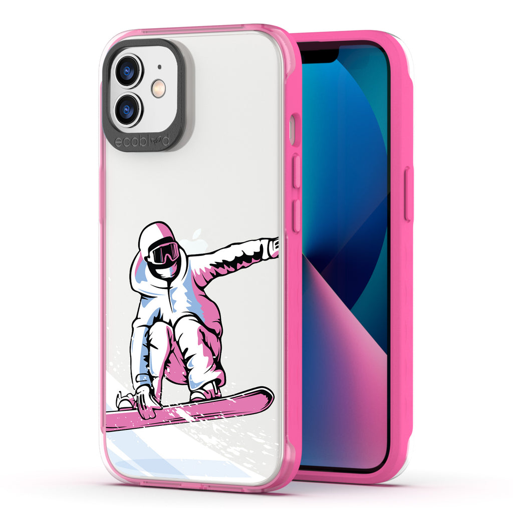 Back View Of Pink Compostable iPhone 12 & 12 Pro Clear Case With The Shreddin' The Gnar Design & Front View Of Screen