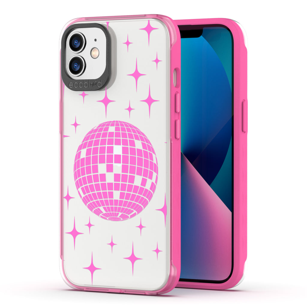 Back View Of Pink Compostable iPhone 12 & 12 Pro Clear Case With The Disco With The Flow Design & Front View Of Screen