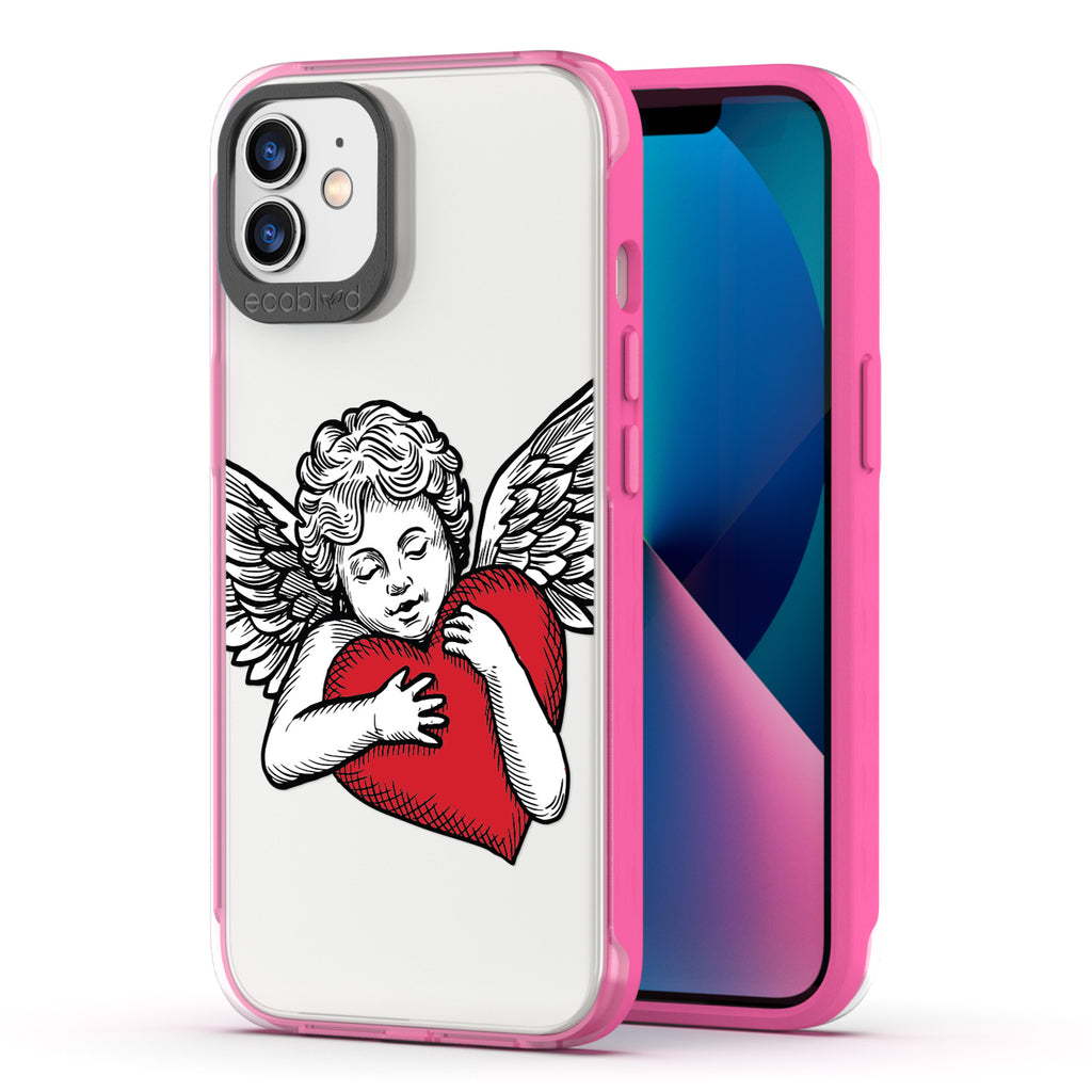 Back View Of Pink Eco-Friendly iPhone 12 / 12 Pro Clear Case With The Cupid Design & Front View Of Screen