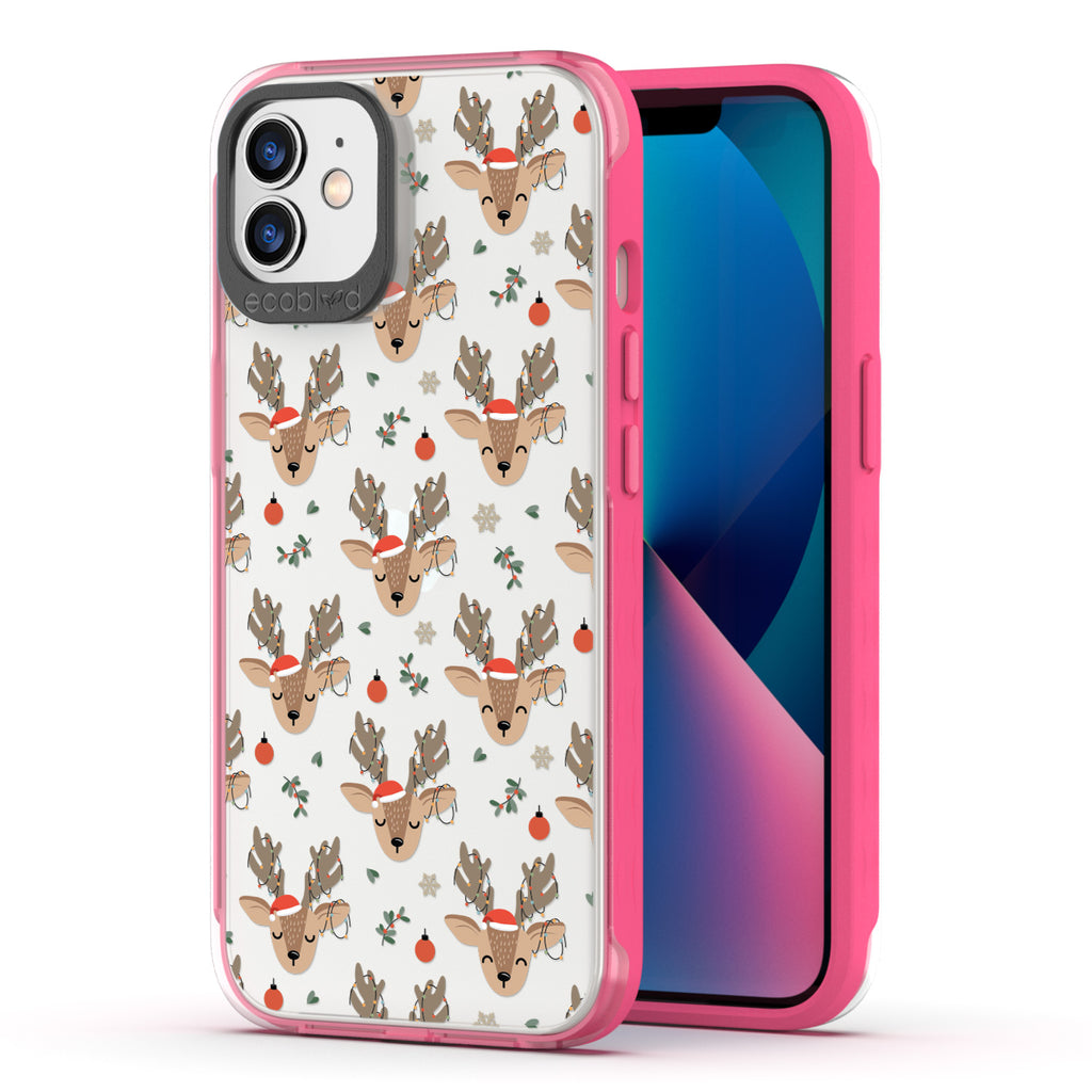 Back View Of Pink Compostable iPhone 12 / 12 Pro Winter Laguna Case With The Oh Deer Design & Front View Of The Screen