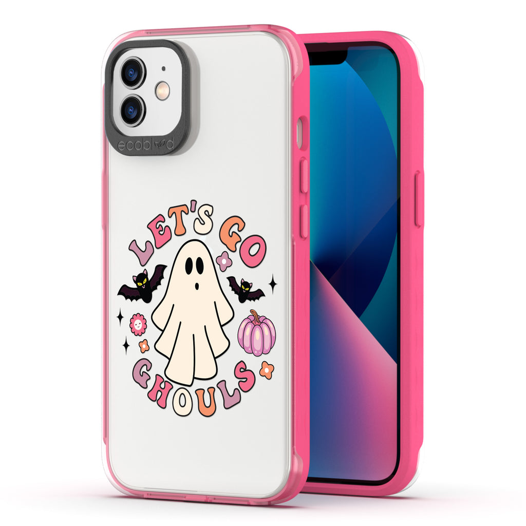 Back View Of The Pink Laguna Halloween  iPhone 12 / 12 Pro Case With The Let's Go Ghouls Design & Front View Of The Screen