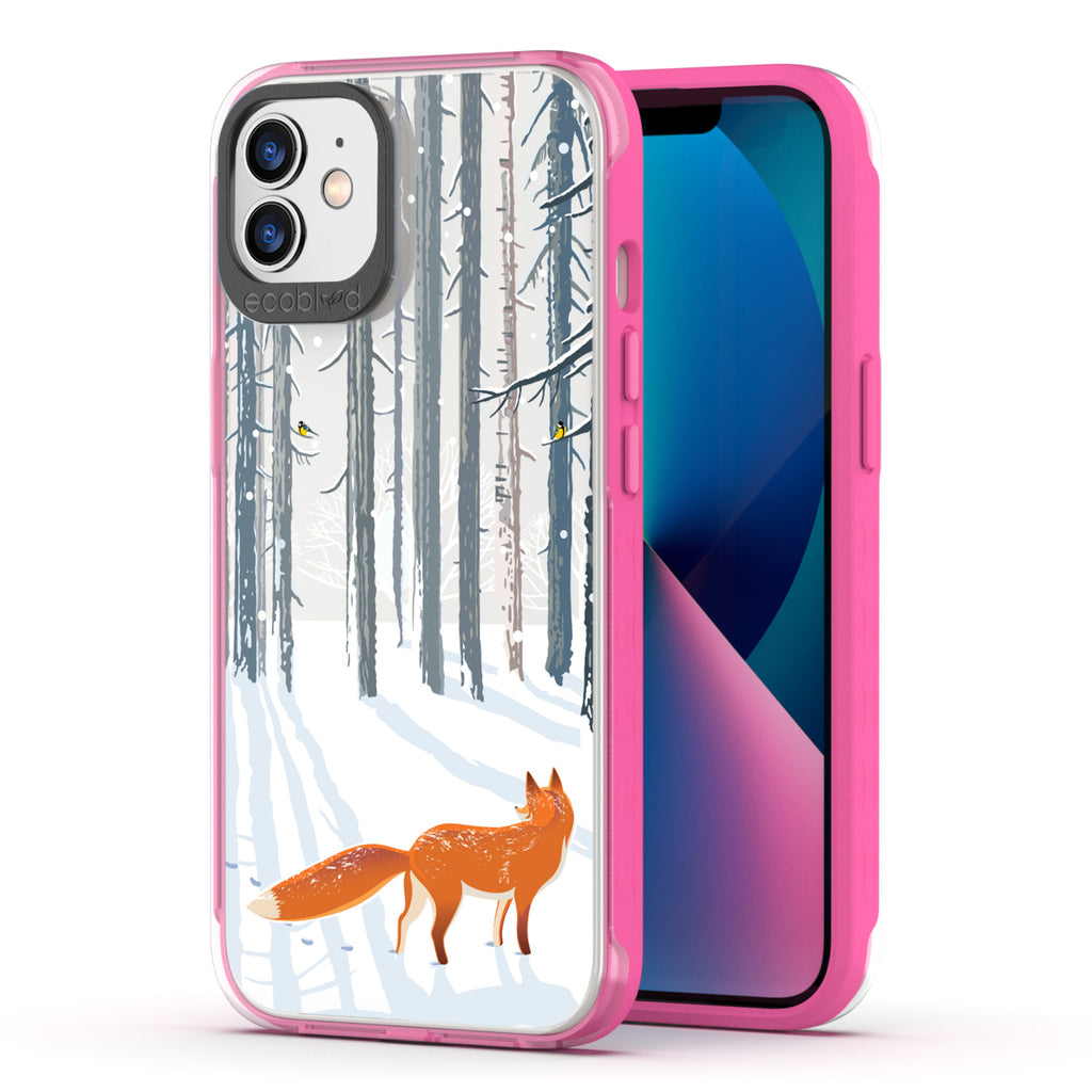 Back View Of Pink Compostable iPhone 12 / 12 Pro Clear Case With The Fox Trot In The Snow Design & Front View Of Screen