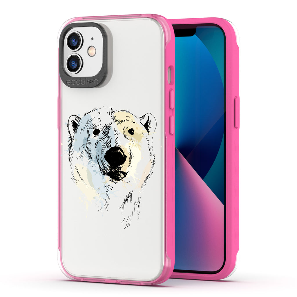 Back View Of Pink Eco-Friendly iPhone 12 & 12 Pro Clear Case With The Polar Bear Design & Front View Of Screen