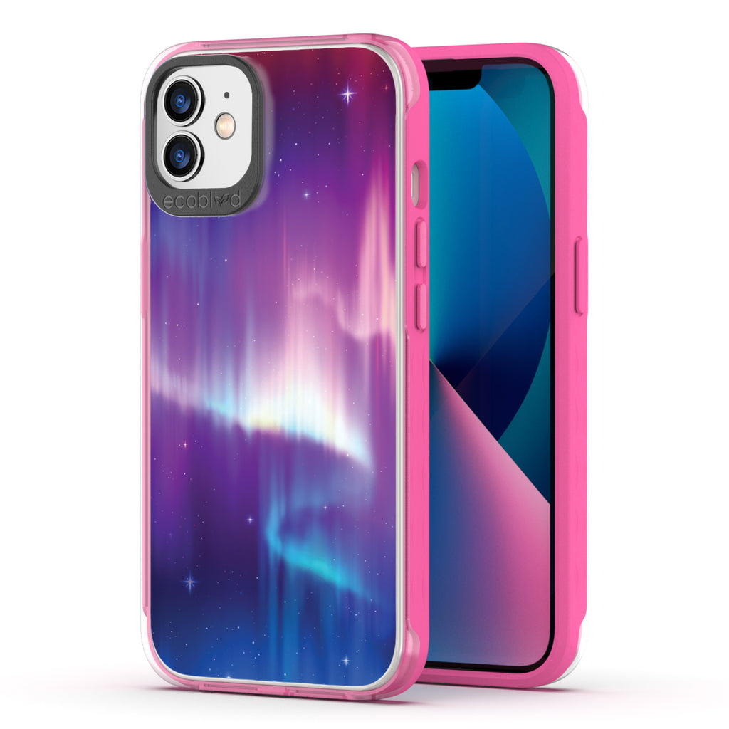 Back View Of Pink Eco-Friendly iPhone 12 & 12 Pro Clear Case With The Aurora Borealis Design & Front View Of Screen