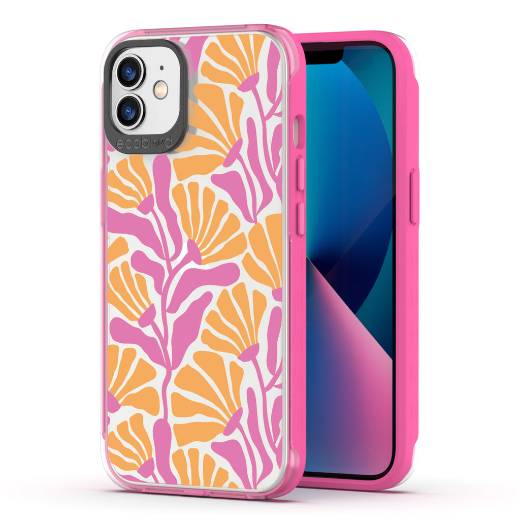 Back View Of Pink Eco-Friendly iPhone 12/12 Pro Clear Case With Floral Escape Design & Front View Of Screen