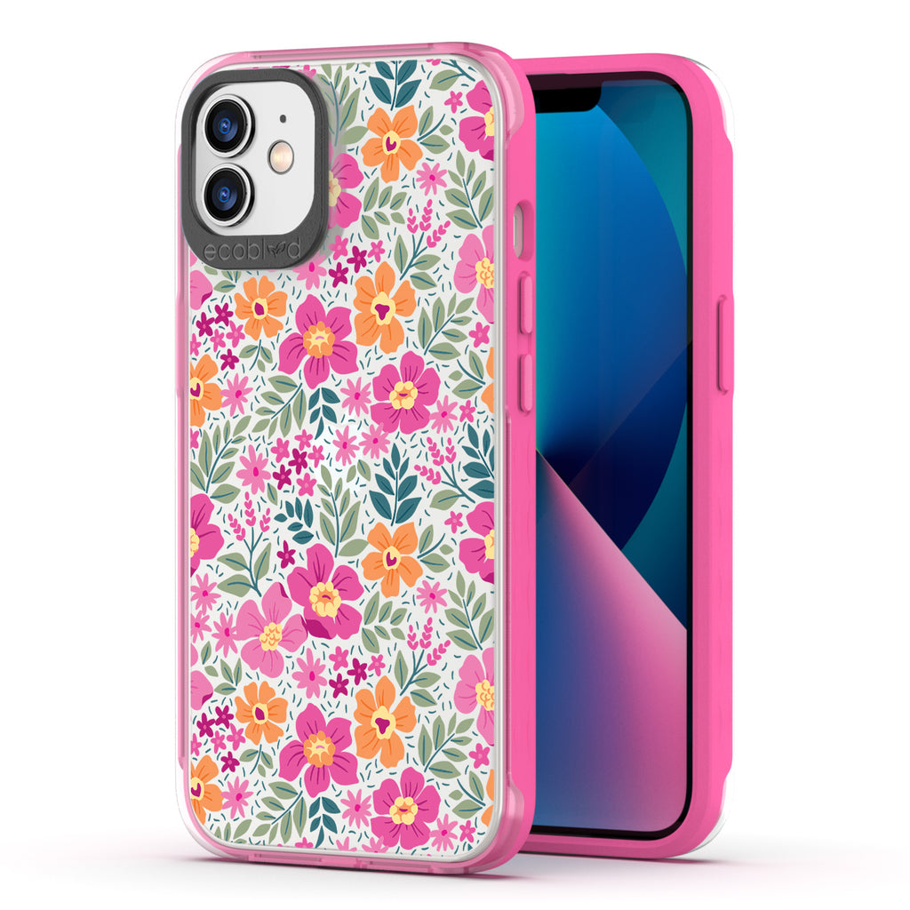 Back View Of Pink Eco-Friendly iPhone 12/12 Pro Clear Case With Wallflowers Design & Front View Of Screen