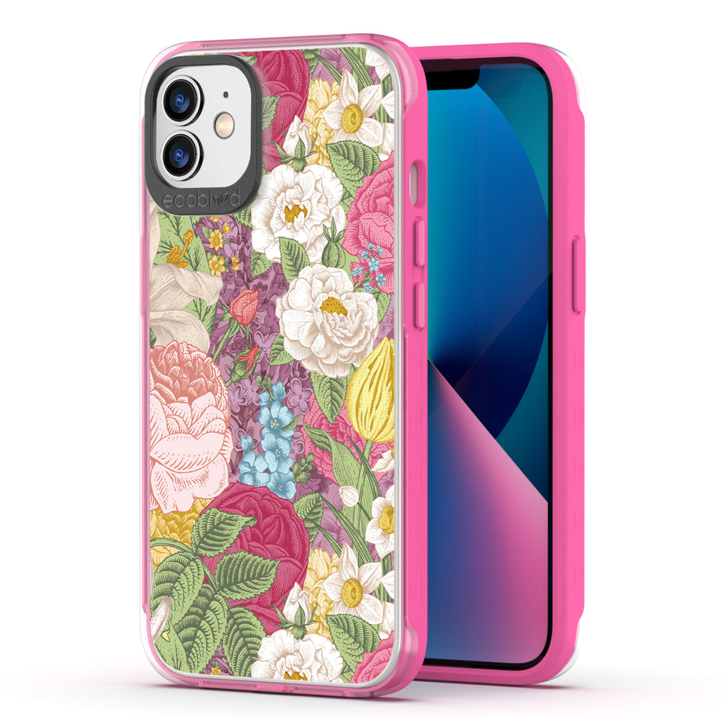 Back View Of Pink Eco-Friendly iPhone 12 / 12 Pro Timeless Laguna Case With In Bloom Design & Front View Of The Screen