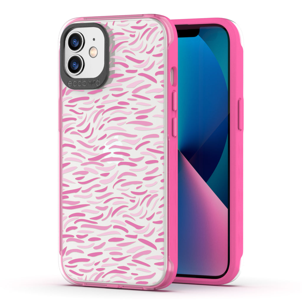 Back View Of Pink Eco-Friendly iPhone 12 / 12 Pro Timeless Laguna Case With Brush Stroke Design & Front View Of The Screen