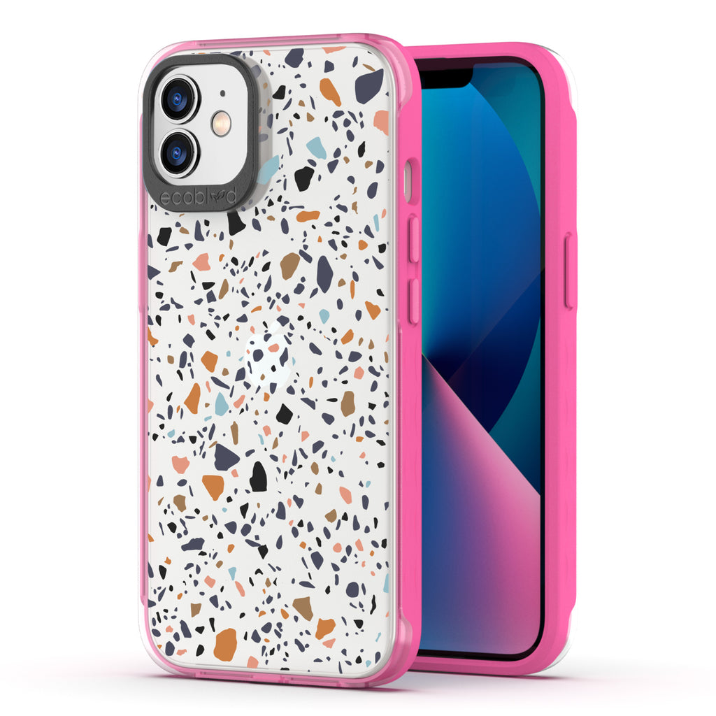 Back View Of Pink Eco-Friendly iPhone 12 / 12 Pro Timeless Laguna Case With Terrazzo Design & Front View Of The Screen