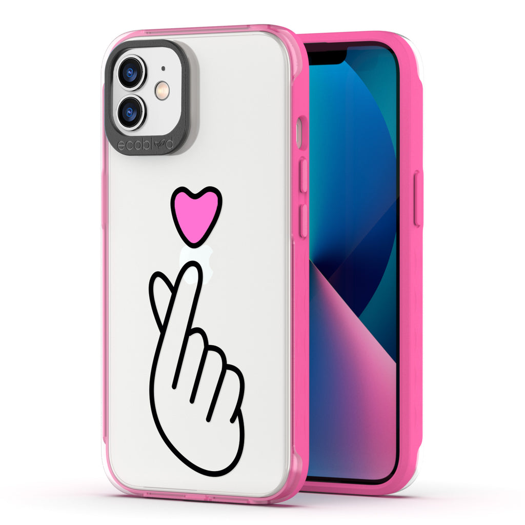Back View Of Pink Eco-Friendly iPhone 12 / 12 Pro Clear Case With The Finger Heart Design & Front View Of Screen