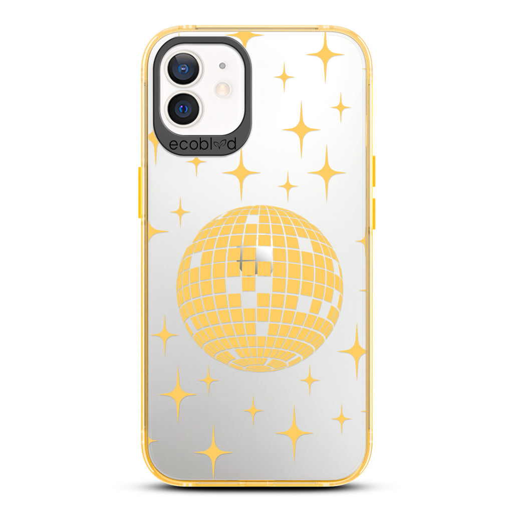 Winter Collection - Yellow Eco-Friendly iPhone 12 & 12 Pro Case - A Mirror Ball Shines With Stars On A Clear Back