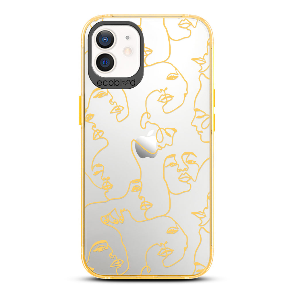 Contemporary Collection - Yellow Compostable iPhone 12/12 Pro Case - Line Art Of A Woman’s Face On A Clear Back