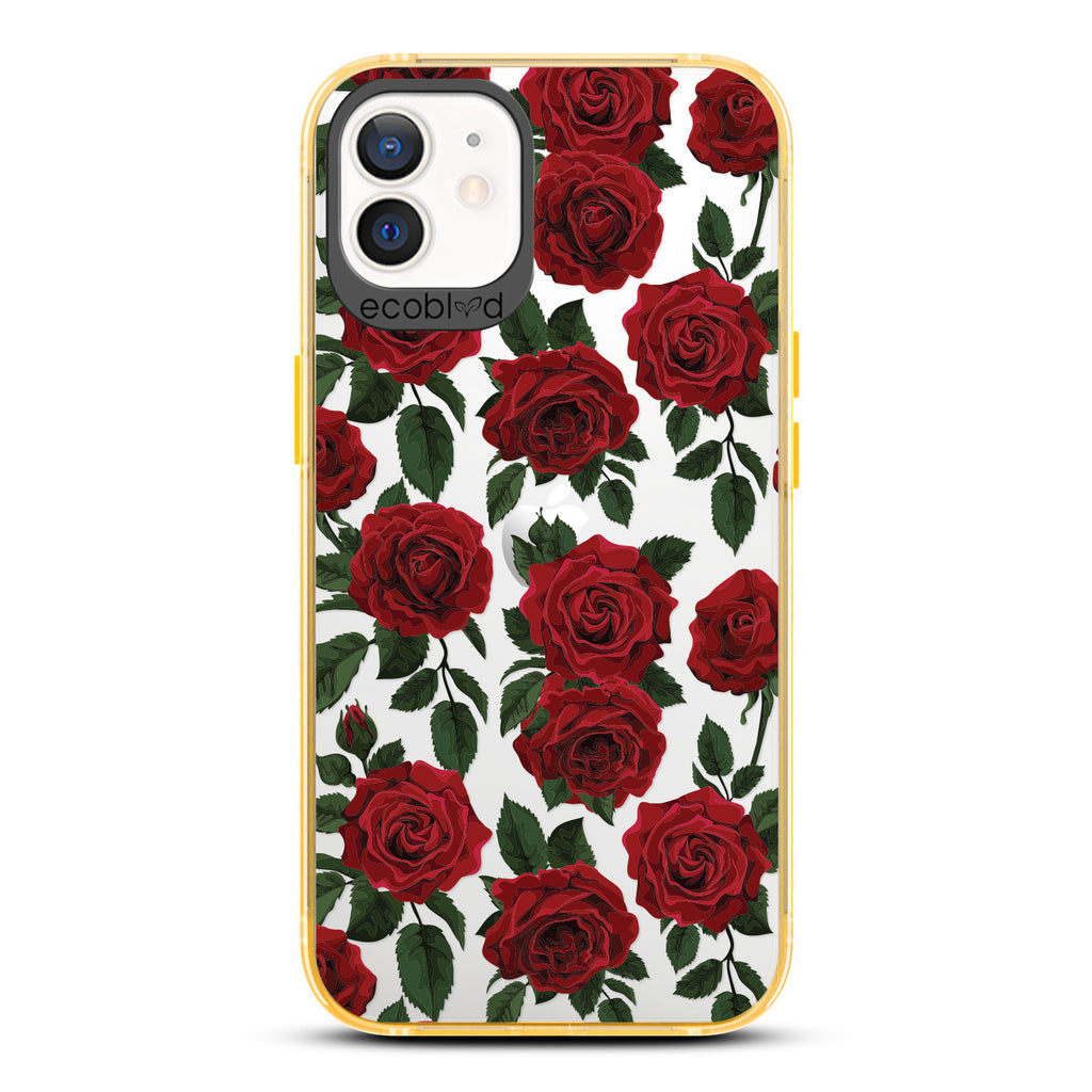 Love Collection - Yellow Compostable iPhone 12 / 12 Pro Case - Red Roses & Leaves On A Clear Back