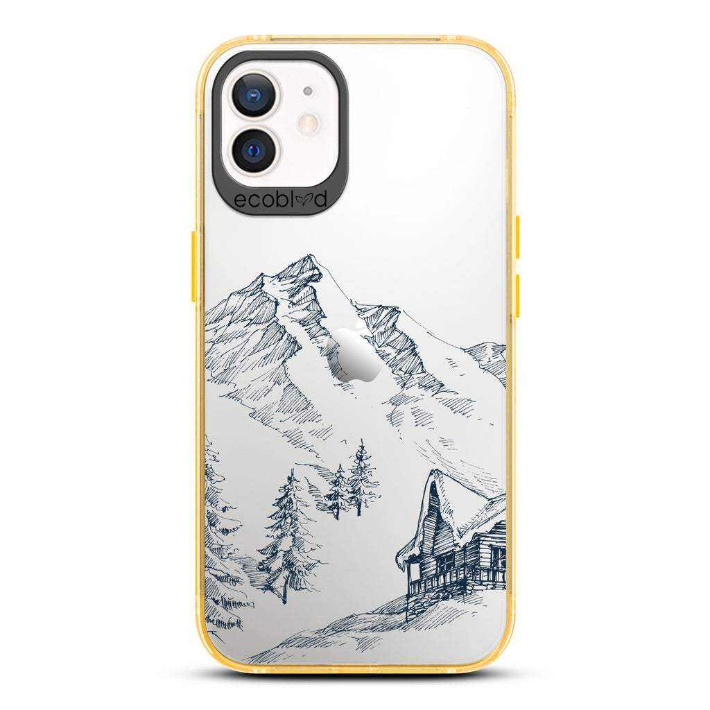 Winter Collection - Yellow Compostable iPhone 12 & 12 Pro Case - Snowy Mountainside Wood Cabin On A Clear Back