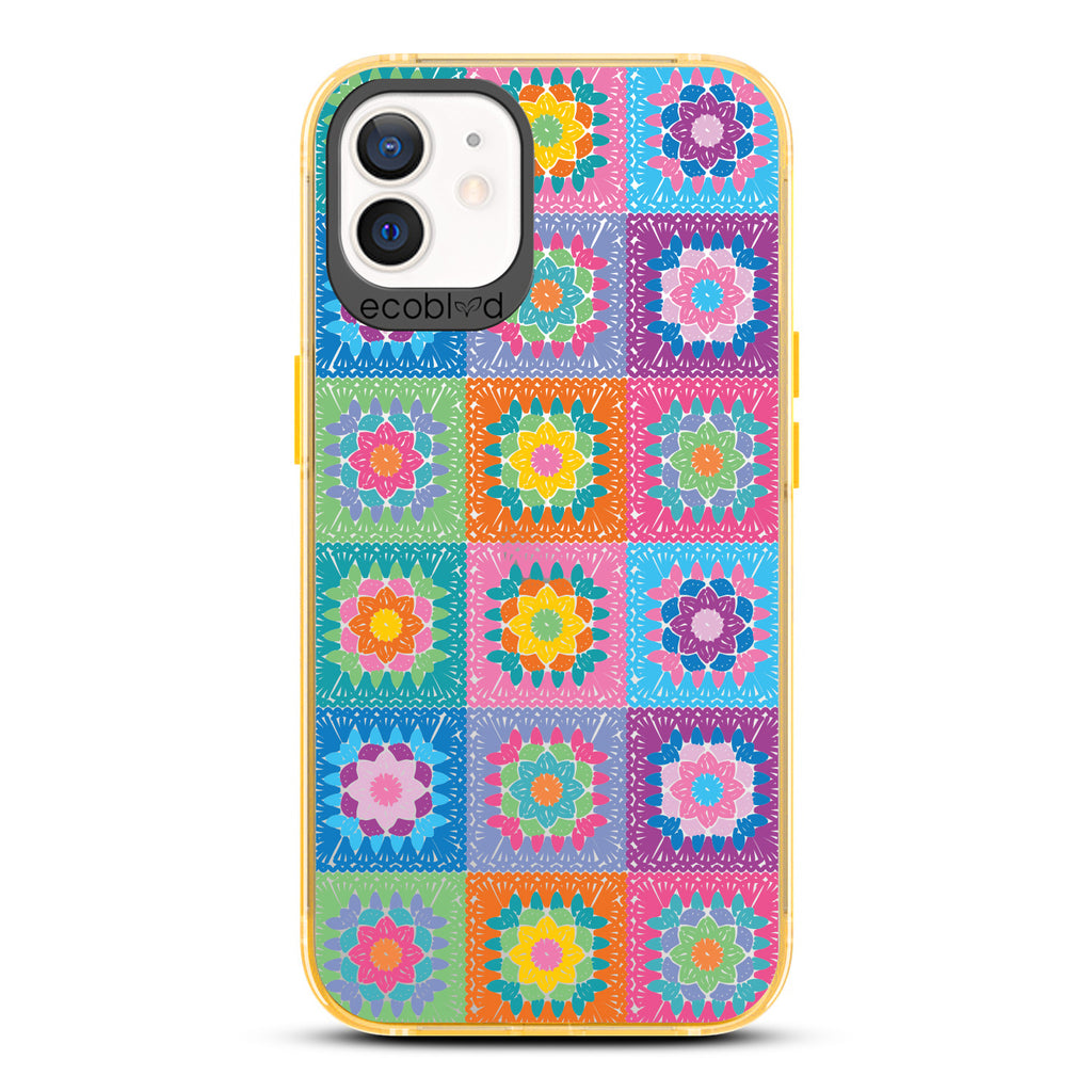 Spring Collection - Yellow Compostable iPhone 12/12 Pro Case - Pastel Vintage Granny Squares Crochet Pattern On A Clear Back