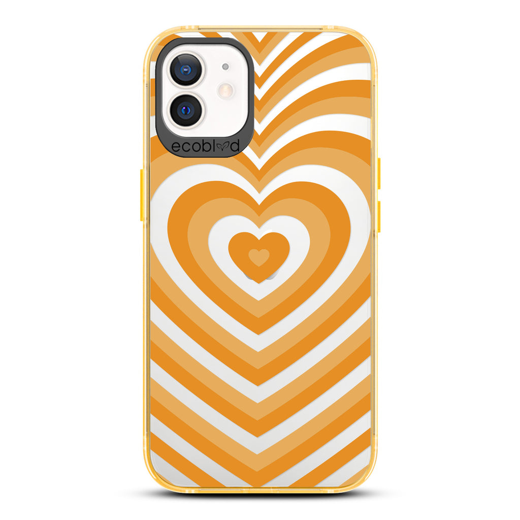 Love Collection - Yellow Compostable iPhone 12 / 12 Pro Case - A Small Yellow Heart Gradually Growing Larger On A Clear Back
