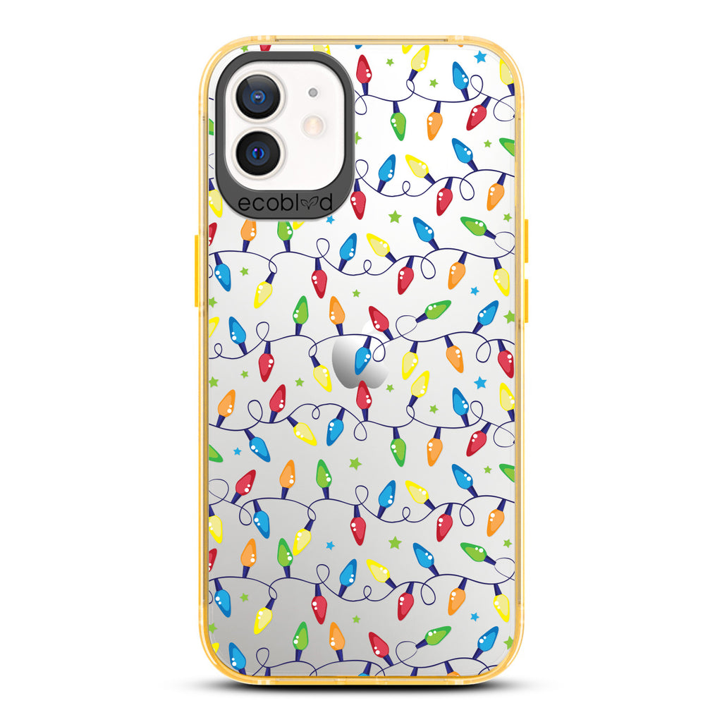 Winter Collection - Yellow Compostable Laguna iPhone 12 / 12 Pro Case With Colorful Christmas Lights & Stars On A Clear Back