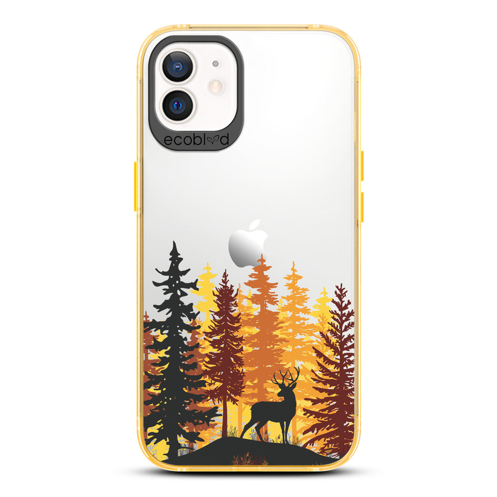 Winter Collection - Yellow Compostable iPhone 12 & 12 Pro Case - Wild Stag Standing On Boulder In The Woods On Clear Back