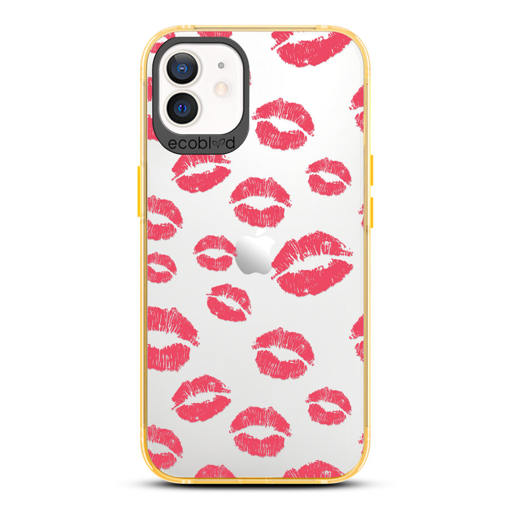 Love Collection - Yellow Compostable iPhone 12 / 12 Pro Case - Multiple Red Lipstick Kisses On A Clear Back