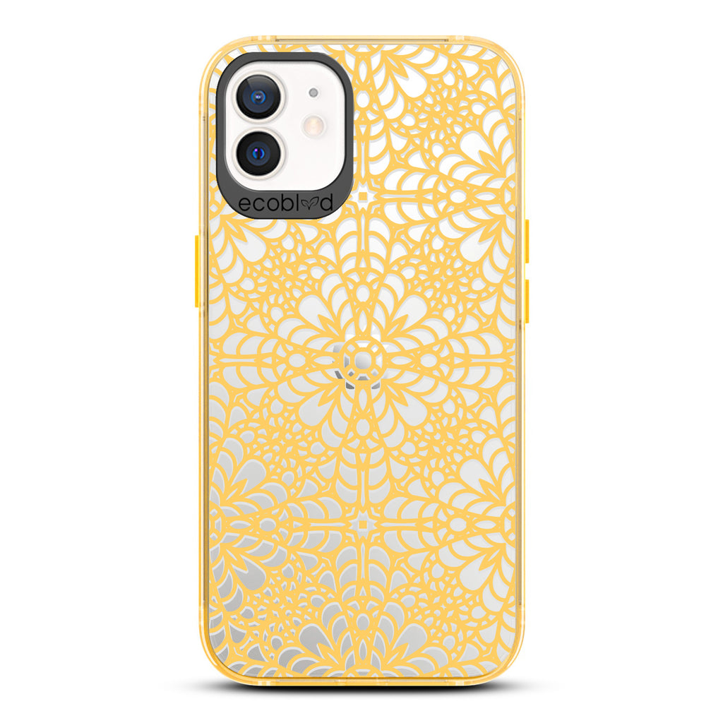 Spring Collection - Yellow Compostable iPhone 12/12 Pro Case - Intricate Lace Tapestry Pattern On A Clear Back