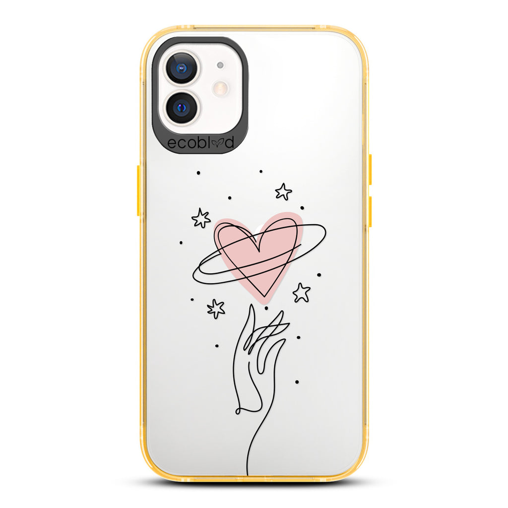 Love Collection - Yellow Compostable iPhone 12 / 12 Pro Case - Line Art Hand Reaching Out For Pink Heart, Stars On Clear Back