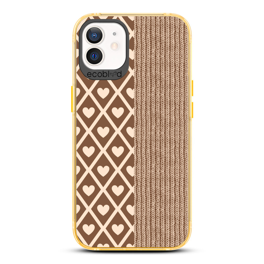 Love Collection - Yellow Compostable iPhone 12/12 Pro Case - Left: Brown Argyle Print & Right: Sewn Fabric On A Clear Back