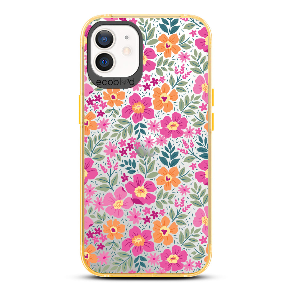 Spring Collection - Yellow Compostable iPhone 12/12 Pro Case - Bright, Colorful  Vintage Cartoon Flowers with Leaves On A Clear Back