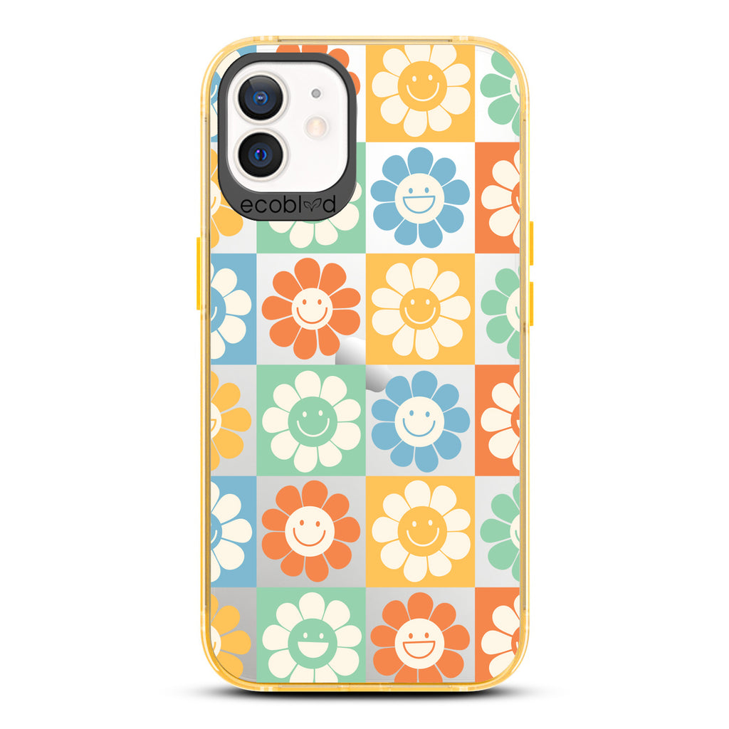 Spring Collection - Yellow Compostable iPhone 12/12 Pro Case - 70's Gingham Cartoon Flowers W/ Smiley Faces On A Clear Back