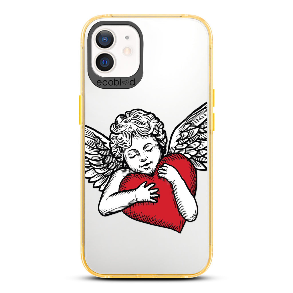 Love Collection - Yellow Compostable iPhone 12 / 12 Pro Case - Black & Grey Tattoo Style Cupid Holding Red Heart On Clear Back