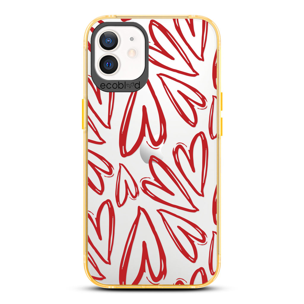 Love Collection - Yellow Compostable iPhone 12 / 12 Pro Case - Painted / Sketched Red Hearts On A Clear Back