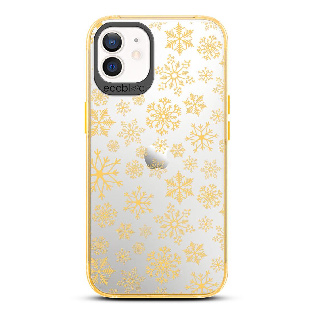 Winter Collection - Yellow Eco-Friendly Laguna iPhone 12 / 12 Pro Case With A Snowflake Pattern On A Clear Back