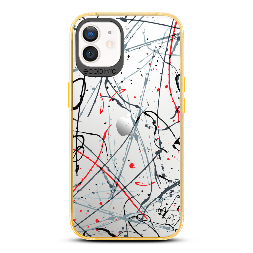 Contemporary Collection - Yellow Compostable iPhone 12/12 Pro Case - Black & Red Paint Splatter On A Clear Back