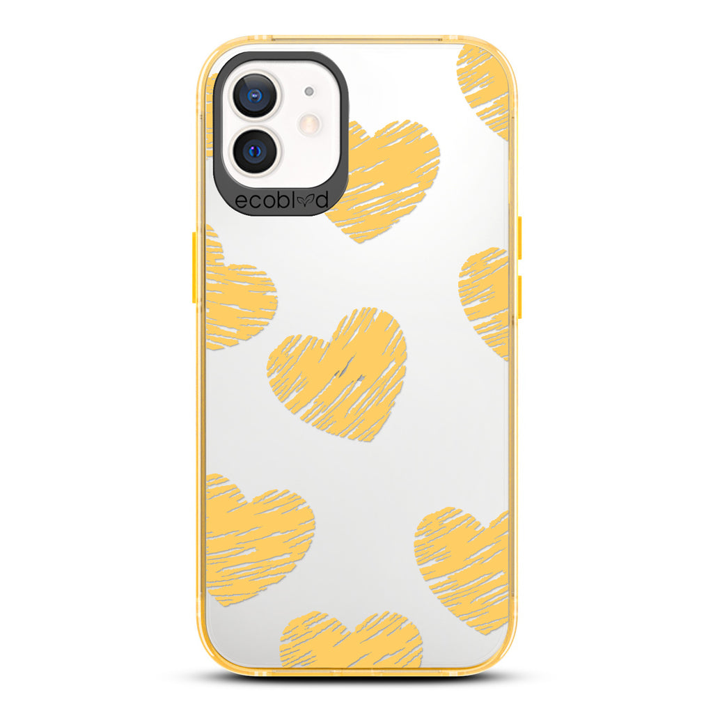 Love Collection - Yellow Compostable iPhone 12/12 Pro Case - Yellow Scribbled Hearts On A Clear Back