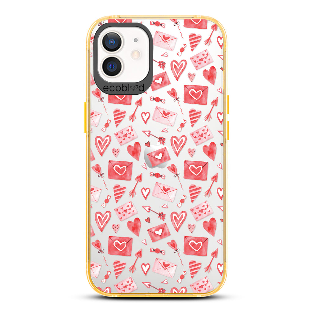 Love Collection - Yellow Compostable iPhone 12 / 12 Pro Case - Red & Pink Love Letter Envelopes, Hearts & Arrows On Clear Back