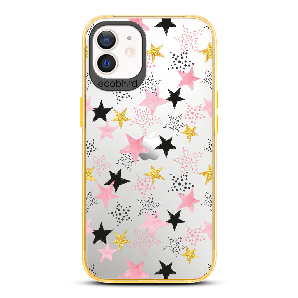 Winter Collection - Yellow Laguna iPhone 12 / 12 Pro Case With Pink, Black & Gold Stars In Solid & Polka Dot Patterns