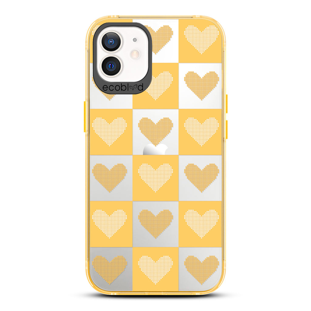 Love Collection - Yellow Compostable iPhone 12/12 Pro Case - Yellow Checkered Print With Knitted Hearts On A Clear Back