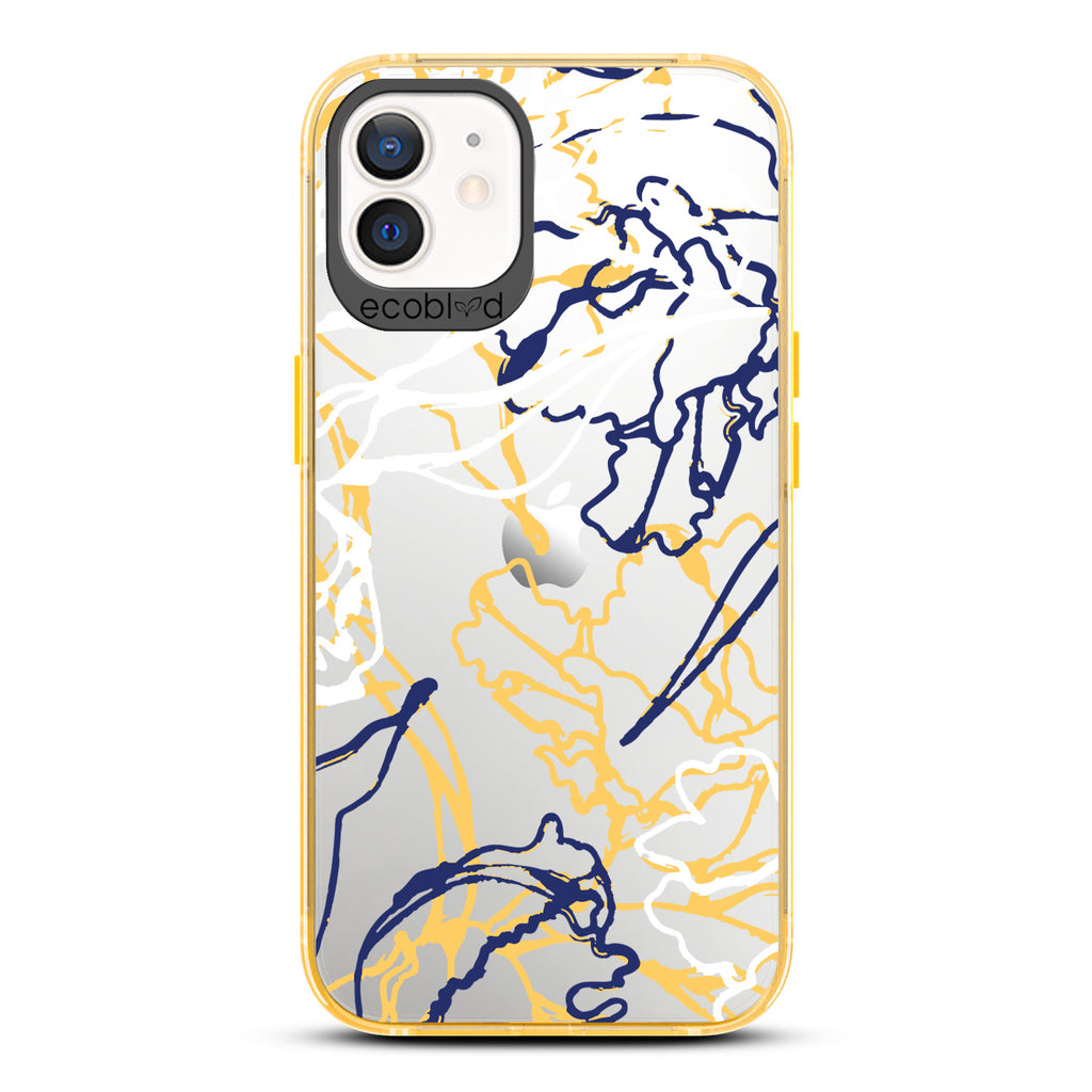 Contemporary Collection - Yellow Compostable iPhone 12/12 Pro Case - Minimalist Abstract Lines & Squiggles On Clear Back