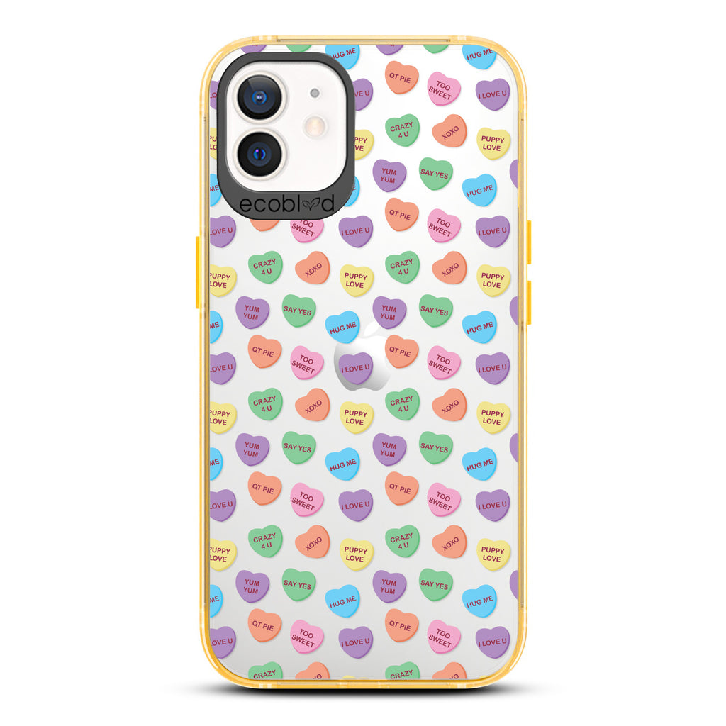 Love Collection - Yellow Compostable iPhone 12 / 12 Pro Case - Pastel Colored Candy Hearts With Romantic Quotes On Clear Back