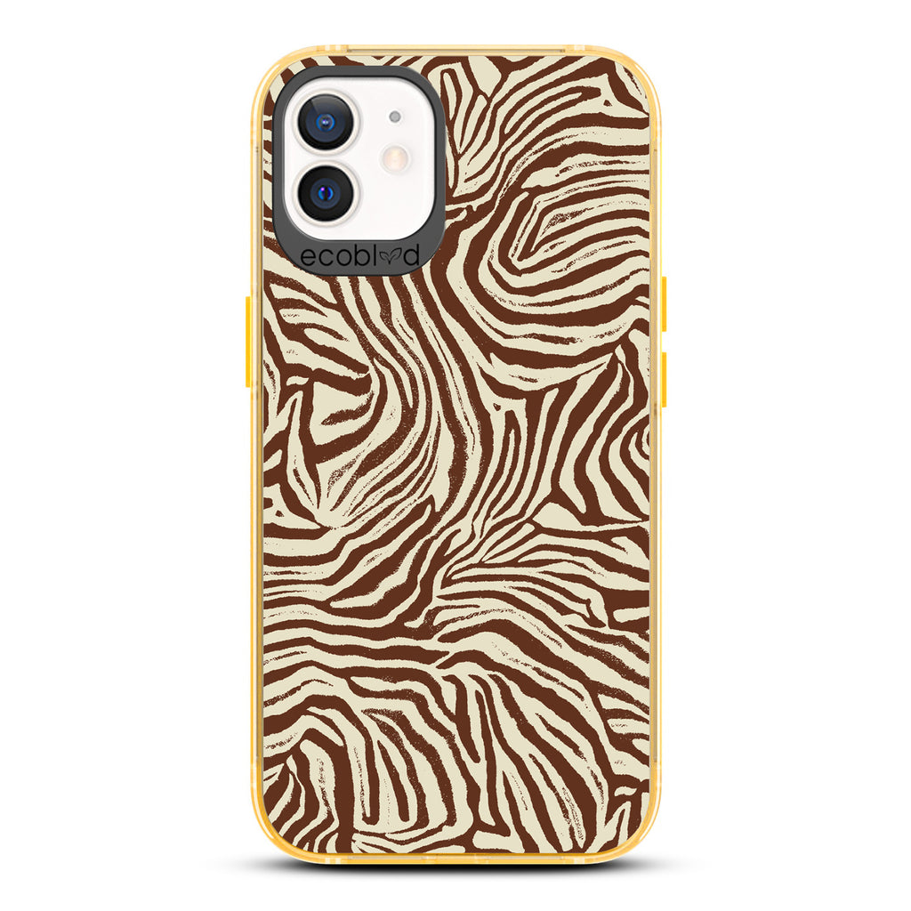 Contemporary Collection - Yellow Compostable iPhone 12/12 Pro Case - Brown Zebra Print On A Clear Back