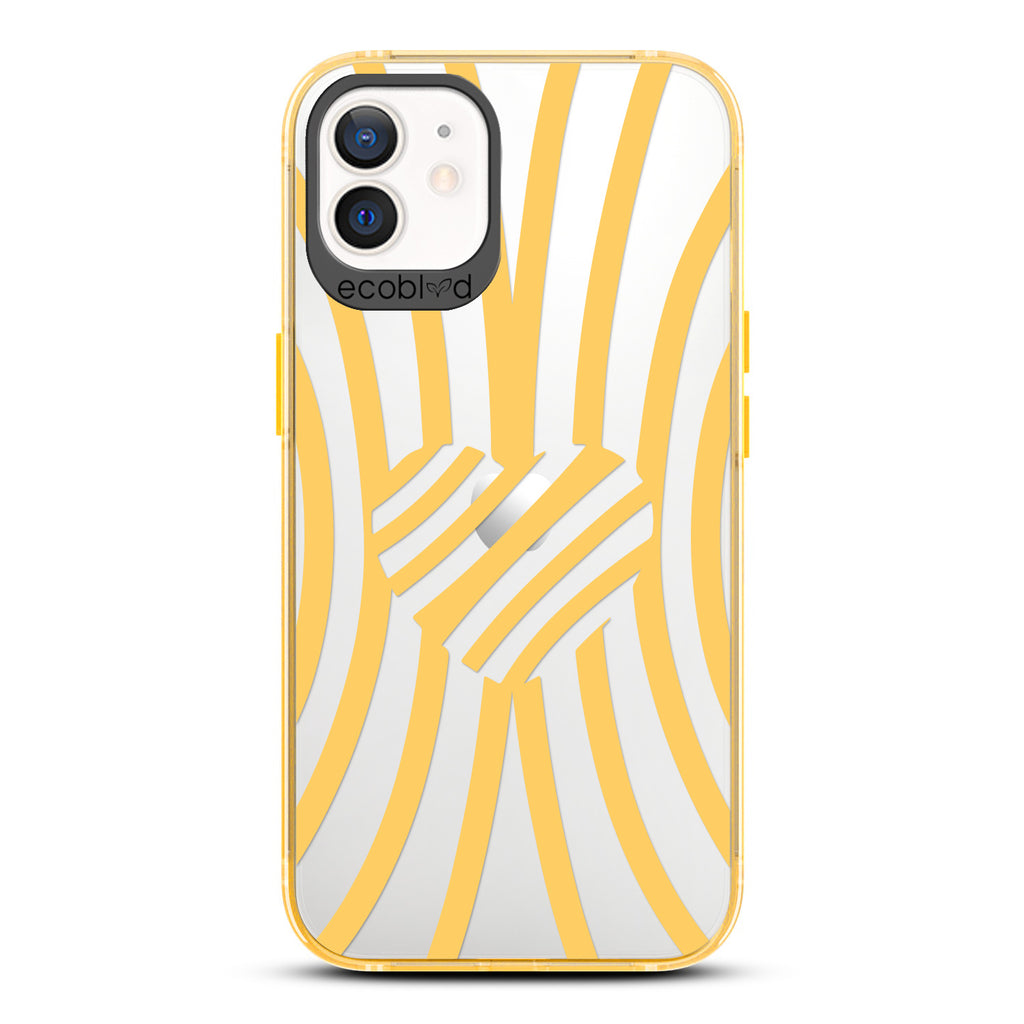 Love Collection - Yellow Compostable iPhone 12/12 Pro Case - Yellow Zebra Stripes & A Heart In The Center On A Clear Back