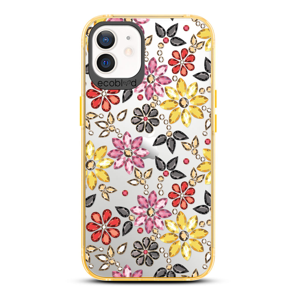Spring Collection - Yellow Compostable iPhone 12/12 Pro Case - Rhinestone Jewels In Floral Patterns On A Clear Back
