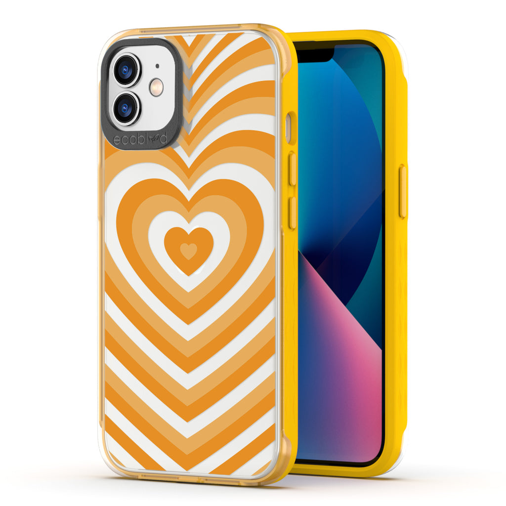 Back View Of Yellow Eco-Friendly iPhone 12 / 12 Pro Clear Case With The Tunnel Of Love Design & Front View Of Screen