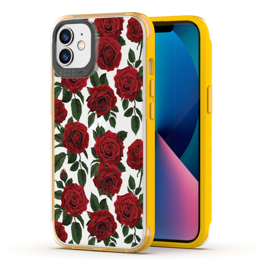 Back View Of Yellow Eco-Friendly iPhone 12 / 12 Pro Clear Case With The Smell The Roses Design & Front View Of Screen