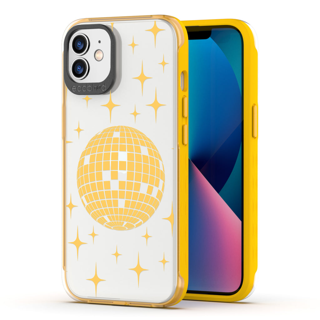 Back View Of Yellow Compostable iPhone 12 & 12 Pro Clear Case With The Disco With The Flow Design & Front View Of Screen